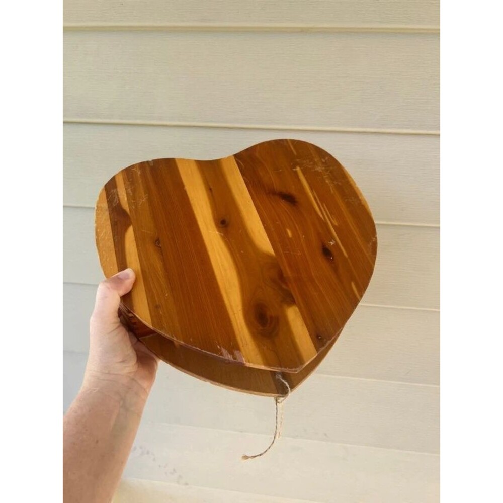 Vintage Cedar Heart Shaped Sewing Box Caddy Wood Jewelry Keepsake Box Mirror